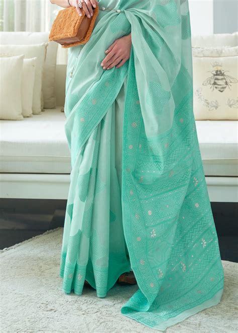 Buy Riptide Blue Lucknowi Chikankari Woven Silk Saree Online - MySilkLove