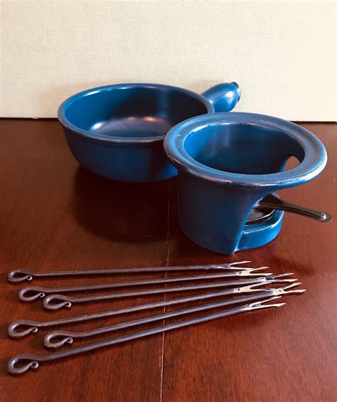 Vintage Fondue Pot, Emile Henry French Fondue pot, Blue Ceramic Fondue ...