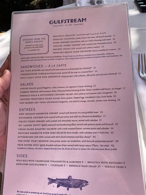 Menu at Gulfstream restaurant, Newport Beach
