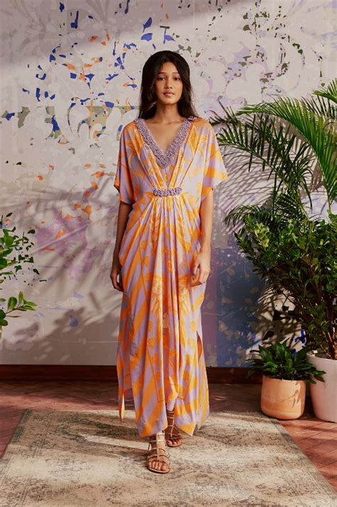 Women's Sustainable Luxe Hand Draped Lilac Rust Palm Kaftan - Verandah