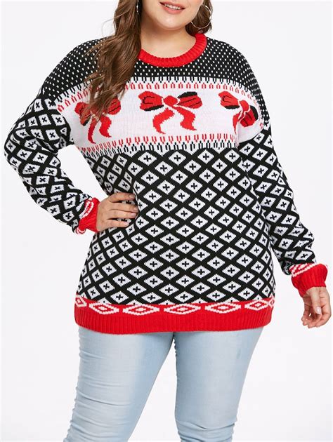 Christmas Geometric Pattern and Bowknot Print Plus Size Sweater , #AD ...
