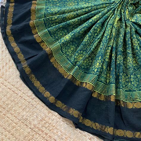 Ajrak Hand Block Print On Madurai Cotton saree – villvam