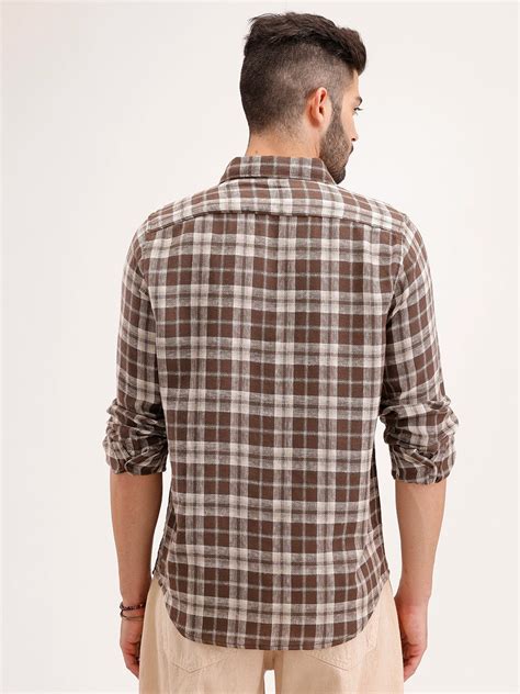 Slim Fit Linen Blend Herringbone Checkered Shirt | Brown – Wrogn