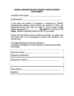 Fillable Online NSERC UNDERGRADUATE STUDENT AWARD STIPEND SUPPLEMENT ...