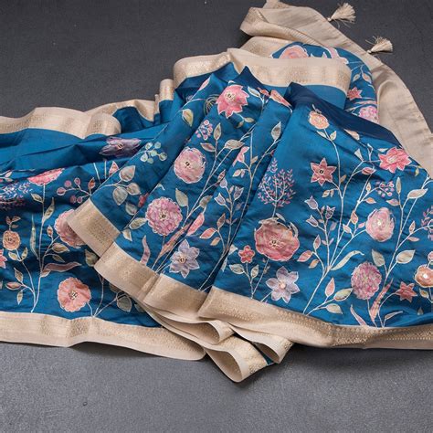 Katan Silk Peacock Blue Floral Printed Saree With Zari Border – Kumaran ...
