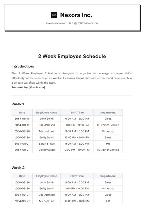 Image result for Two-Week Work Schedule Template