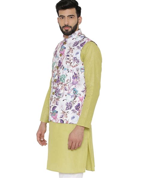 Buy White WINTAGE Floral Print Waistcoat with Mandarin Collar | AJIO