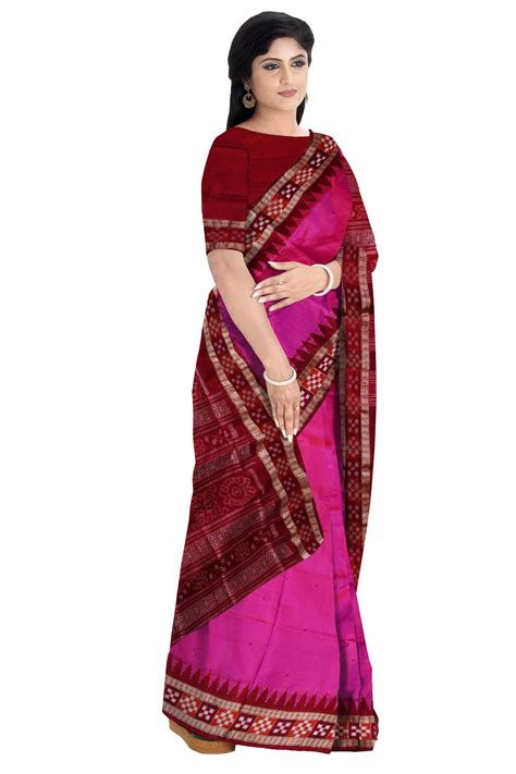 Light-pink and Maroon color pasapali border Sambalpuri pata saree.