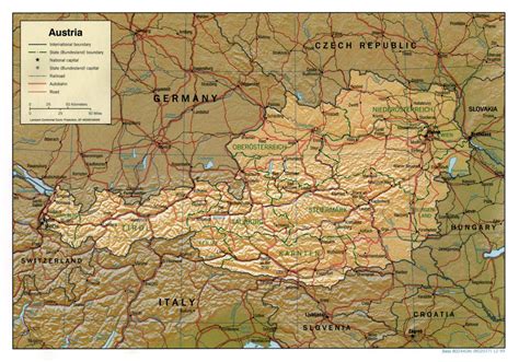 Detailed political map of Austria with administrative divisions, relief, roads and major cities ...