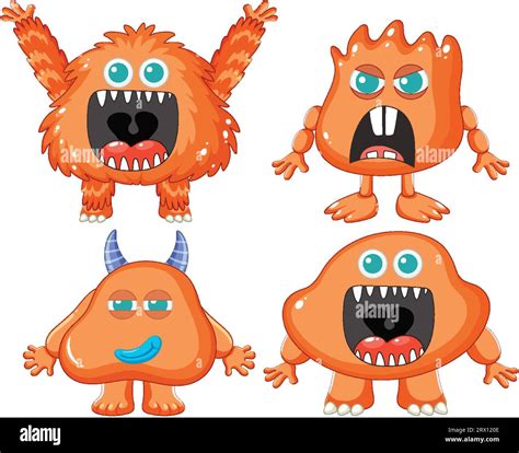 A set of adorable vector illustrations featuring orange alien monsters ...