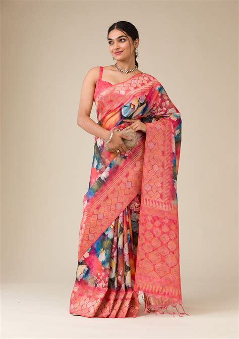 Buy Orange Printed Tissue Saree - Koskii