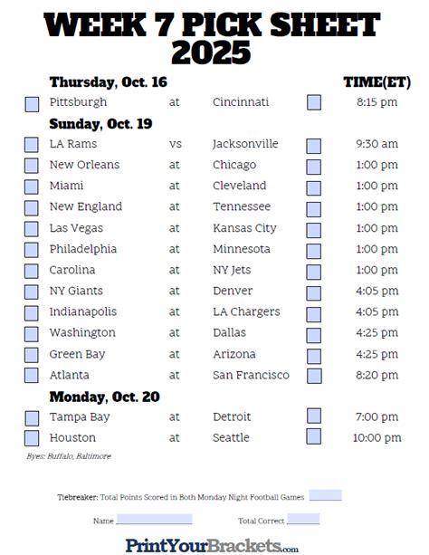 Fillable Week 7 NFL Pick'em Sheet - 2025