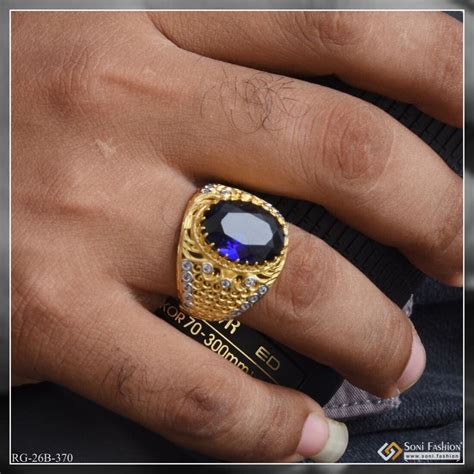 1 Gram Gold Plated Blue Stone With Diamond Antique Design Ring For Men ...