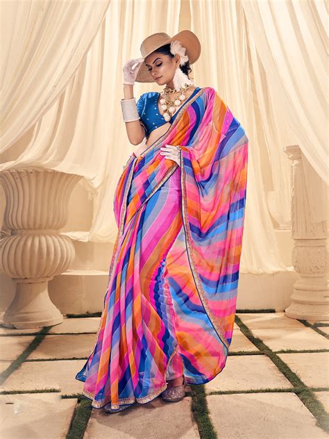 Blue Leheriya Printed Embroidered Border Georgette Saree – Trendphoria