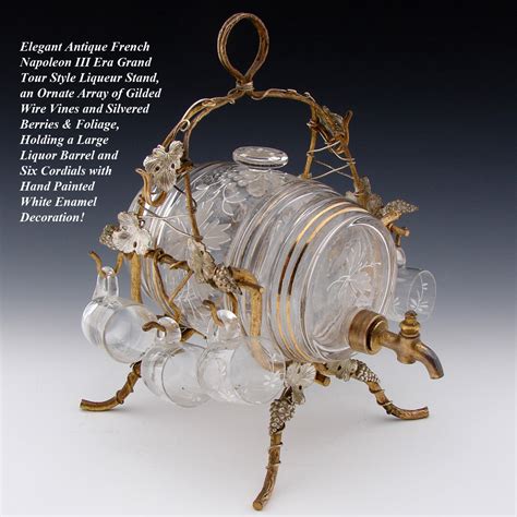 Antique French Aperitif Liqueur Service, Lg Barrel, Six Cups, Gilt Wir ...