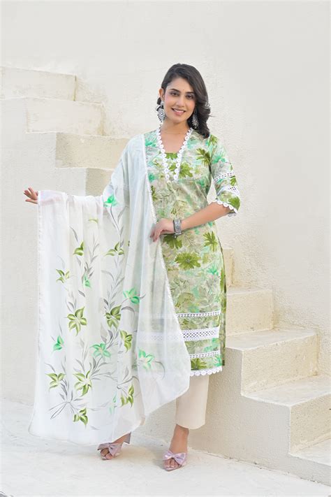 Green Floral Printed Cotton Suit Set with Mulmul Dupatta – 3 Piece Sum ...