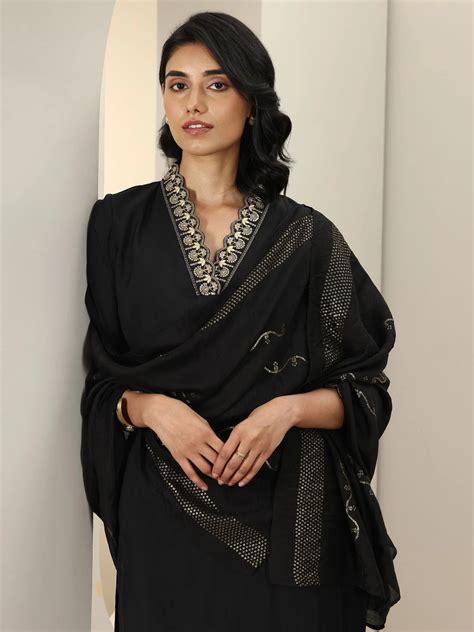 Buy Black Embroidered Silk Blend Straight Suit Sets With Dupatta Online ...