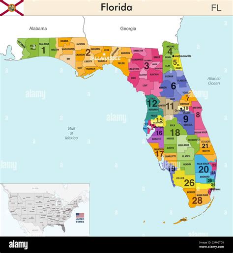 Florida state map with counties borders and colored congressional ...