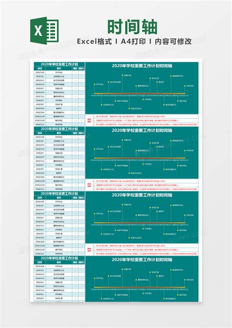 绿色简约2020年学校重要工作计划时间轴模版Excel模板下载_熊猫办公