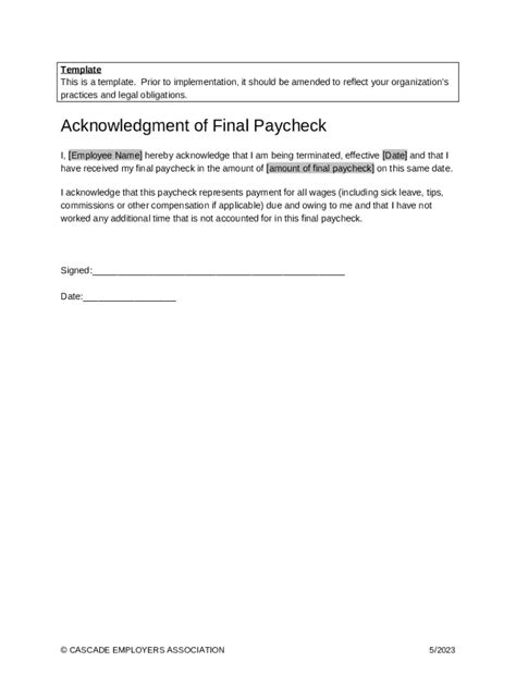 Acknowledgment of Final Paycheck Template - Blank Fillable Template ...