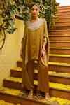 Buy Gold Chiffon, Muslin Embroidery V-neck Dori Kaftan And Palazzo Set ...