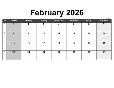 February 2026 Calendar - Free Printable PDF, XLS and PNG | colomio.com