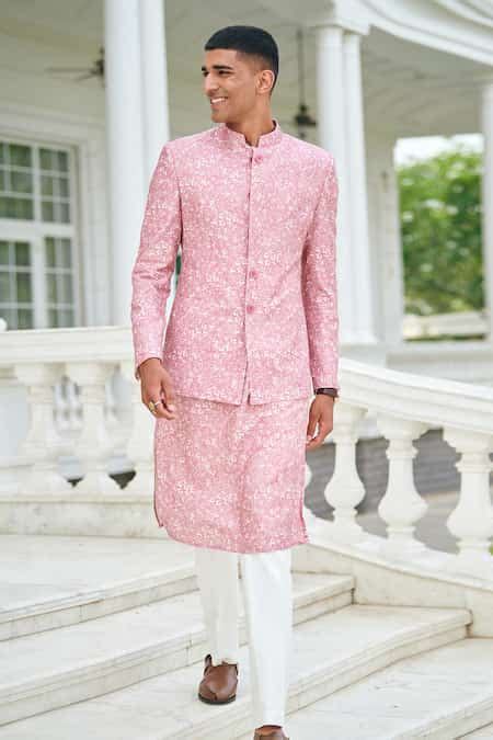 Buy Pink Silk Embroidery Tangle Floral Print Bandhgala For Men by ...
