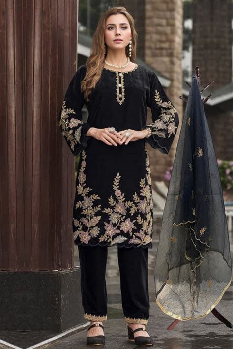 Winter Wear Premium Look Pakistani Velvet Black Salwar Kameez With ...