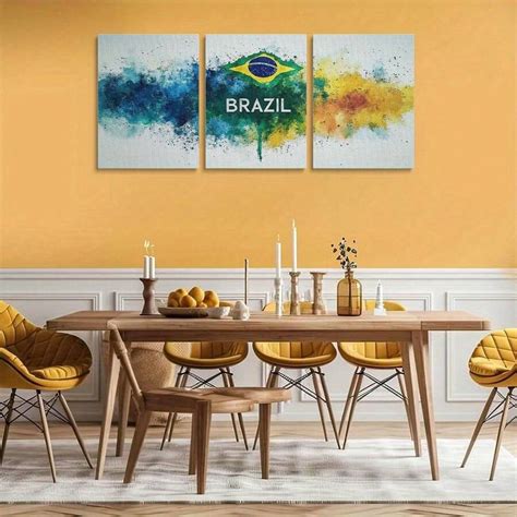 3pcs Brazil Map & Flag Canvas Wall Arts - Vibrant Watercolor Splash ...