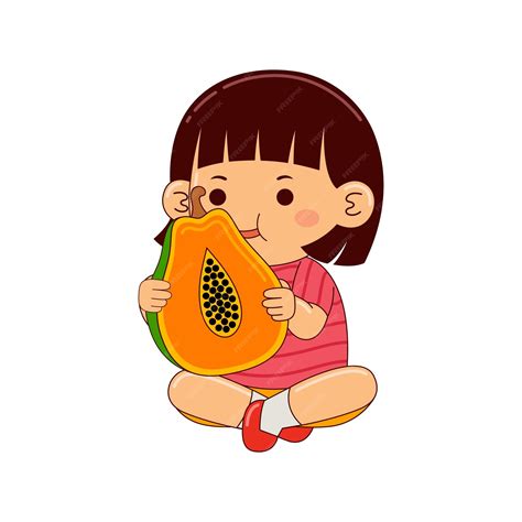 Premium Vector | Girl kids eating papaya vector illustration