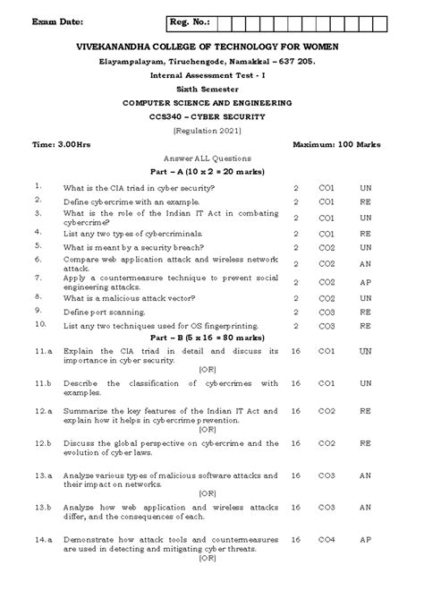 CCS340 IAT-1 Question Paper - Cyber Security Overview and Concepts ...