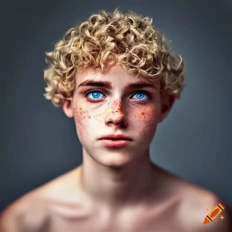 Portrait of a young man with blond curly hair, blue eyes, freckles, and ...