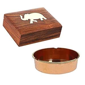 Buy Set of Copperware Ashtray with Cigarette Storage Case Wood Box ...
