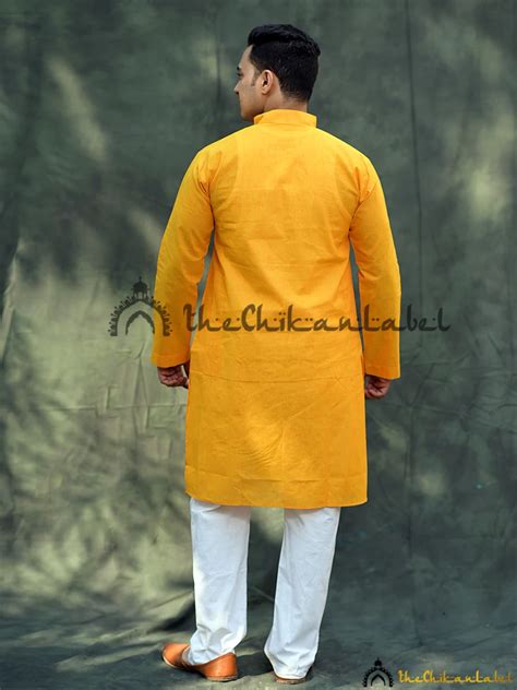 Yellow Cotton Mens Kurta Lucknawi Chikankari Handmade
