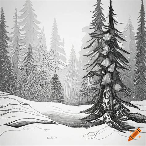 Ink drawing of a nordic forest in the snow