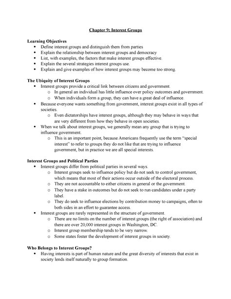 Chapter 9 Notes - Chapter 9: Interest Groups Learning Objectives Define ...