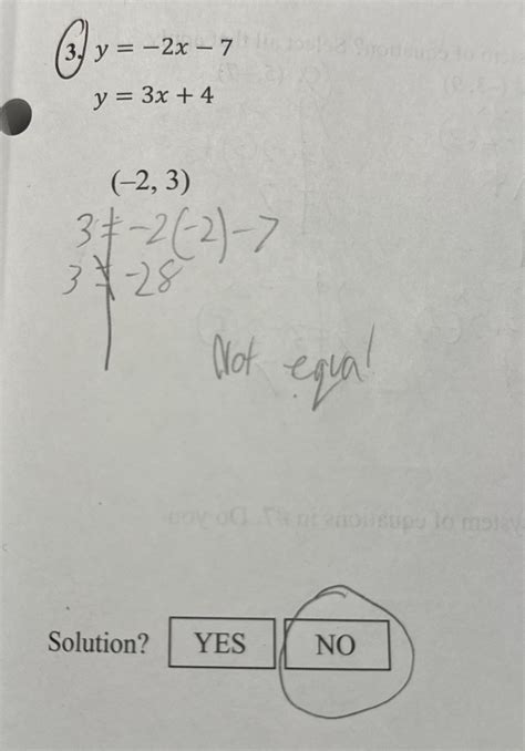 Solved 3. y=-2x-7y=3x+4(-2,3)3≠-2(-2)→73≠-28 ﻿Not equa? | Chegg.com
