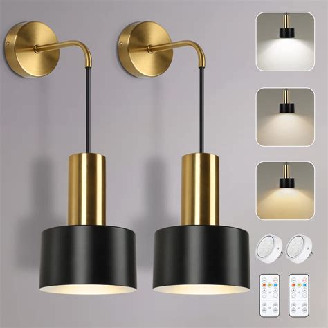 Set of 2 Battery Operated Wall Lights with Remote, Black Modern ...