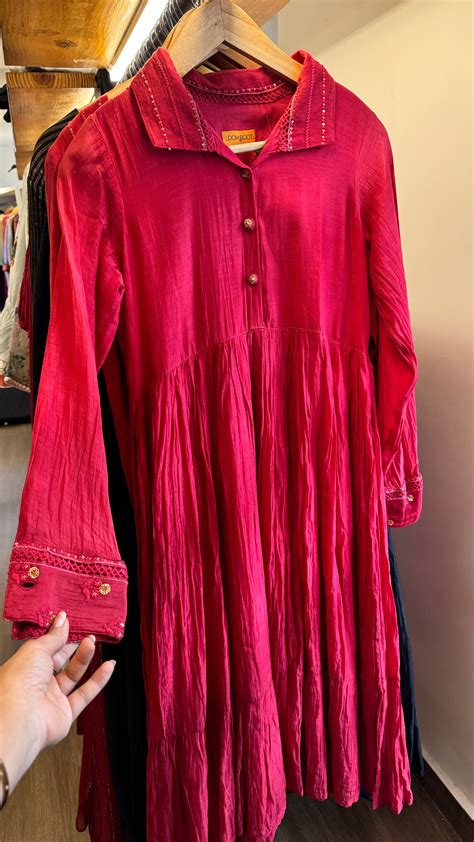 Red mul chanderi shirt dress with collar and lace work on sleeves – Belair
