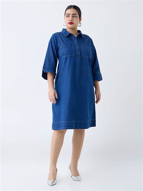 Buy Gia Blue Solid Denim A-Line Dress from Westside