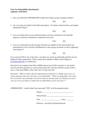 Fillable Online Class Tax Deductibility Questionnaire - Dartmouth ...