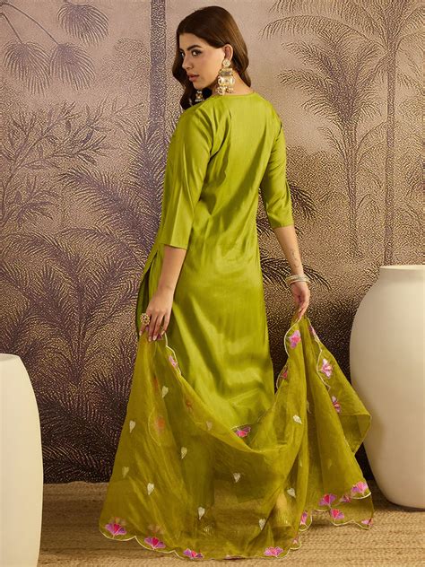 Olive Green Floral Embroidered Straight Kurta With Trouser & Dupatta K ...