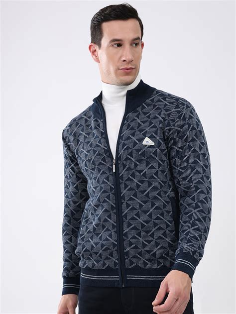 Buy Men Navy Blue Self Design Mock Neck Full Sleeve Pullover Online in ...