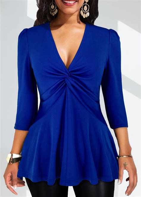 Twist Royal Blue V Neck Blouse | Dress pattern, Outfits, Daily outfits