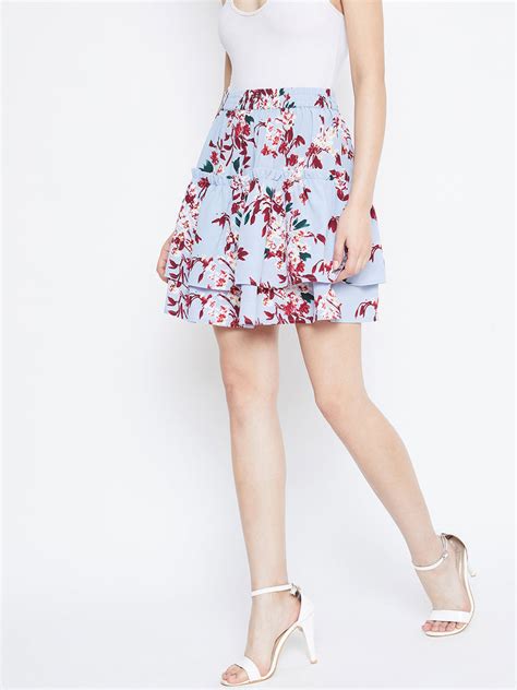 Berrylush Women Blue & Red Floral Print Layered Slip-On Mini Skirt