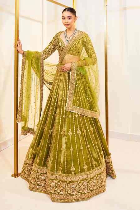Buy Green Velvet Embroidery, Sequins Sweetheart Neck Zardozi Lehenga ...