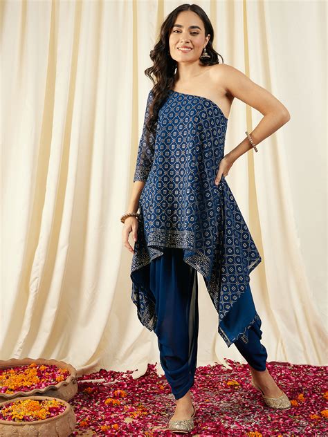 Buy One Shoulder Assymettric Top with Dhoti Pants in Blue Color for Women
