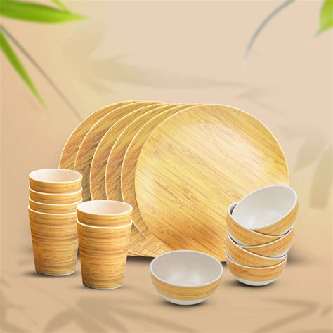 Bamboo Fibre Dinner Set | 18pcs Set | Wooden Design