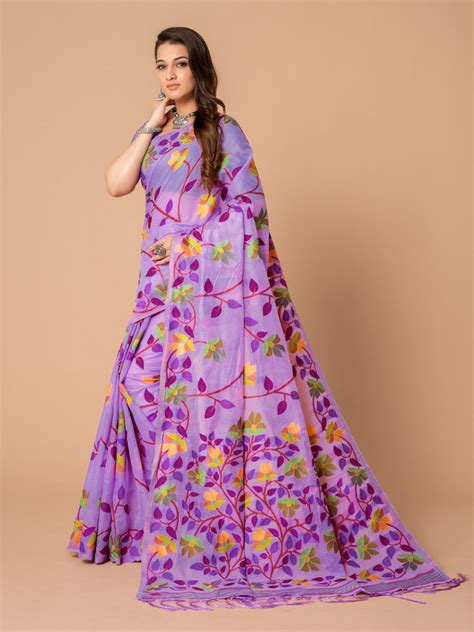 Karvaah Iris Purple Cotton Jamdani Saree – Gajarai
