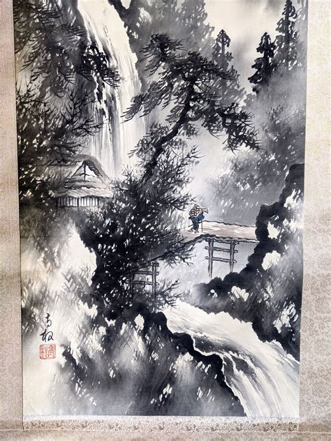 Japanese Ink Scroll Painting Sumi Ink Wash Landscape Waterfall | Etsy ...